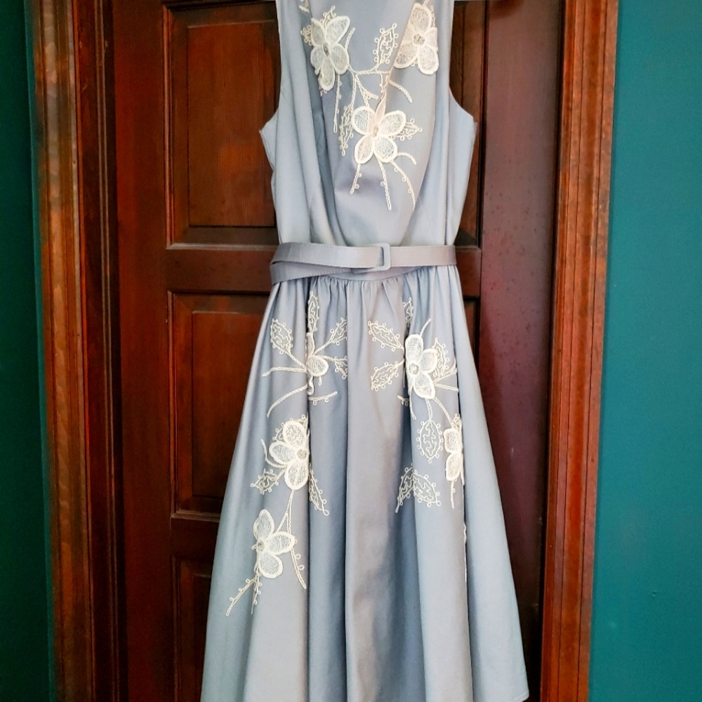 Tatyana stunner in dove grey! Built in pink crinoline, embroidery. Size 2X